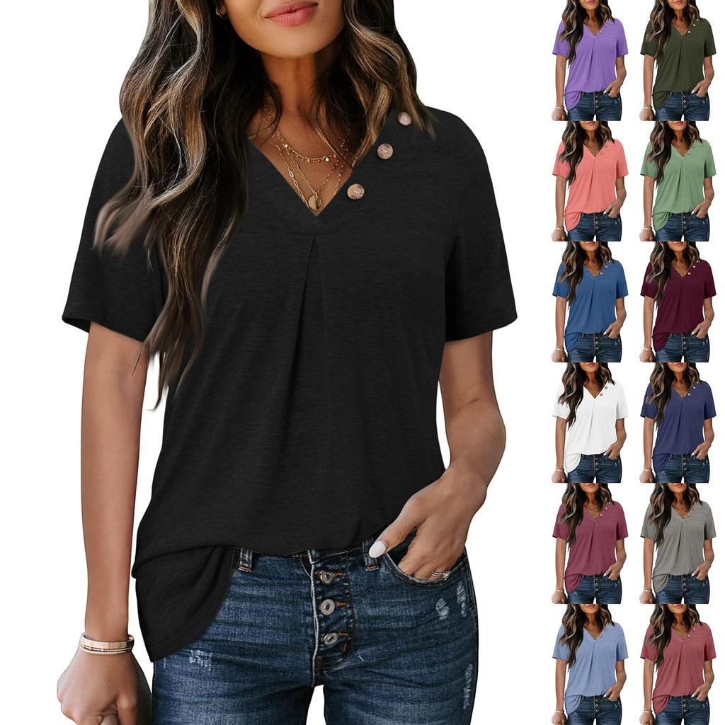 Damenmode Lässiges Kurzarm-T-Shirt mit geknöpftem V-Ausschnitt