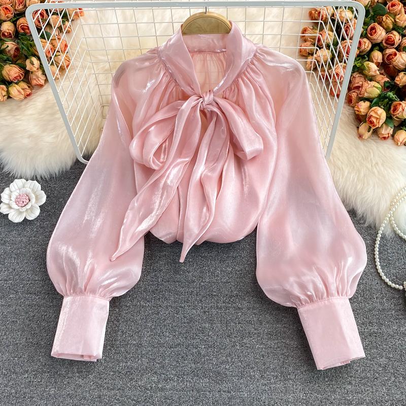 Sweet Women's Blouse Solid Color Butterfly Tie Lace-up Collar Long Sleeve Loose Stright Blusas Shirt Female All-matched Fashion