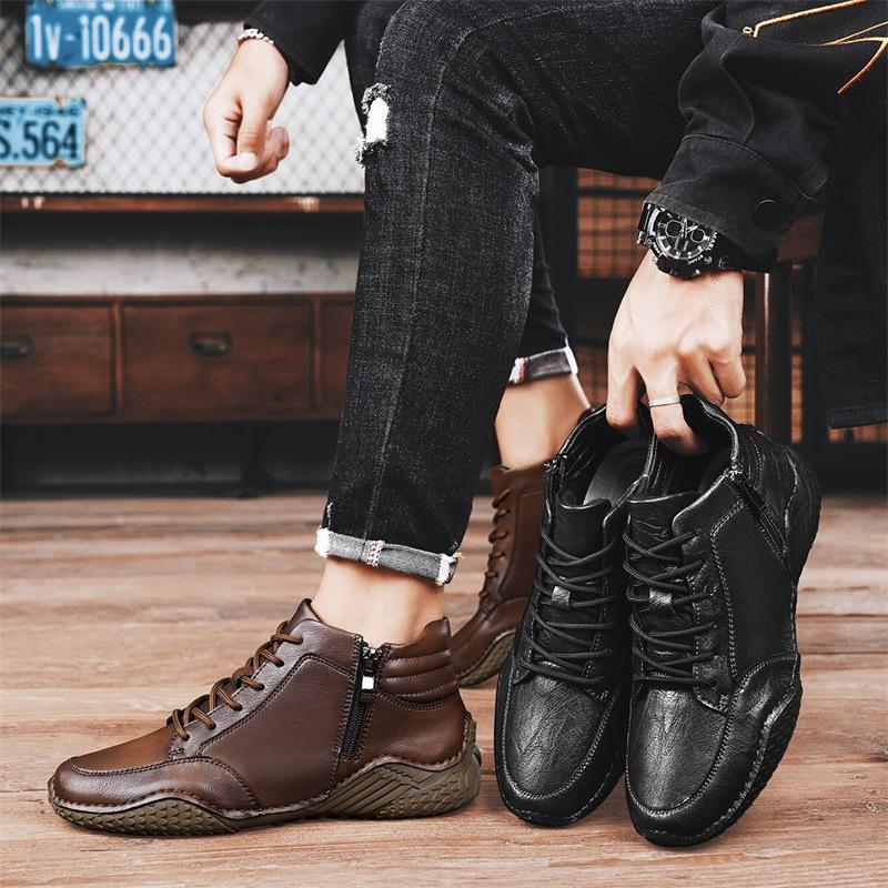 Winter New Trendy Genuine Leather Casual High-Top Leather Shoes Spring and Autumn Cowhide Men's Cotton-Padded Shoes with Velvet