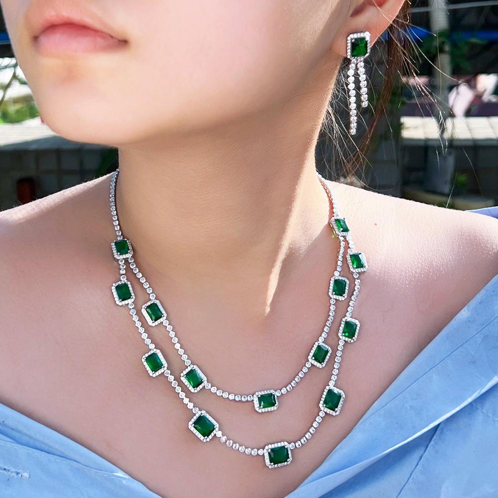 Light High-End Emerald Double-Layer Retro Necklace Earrings Set Luxury Zircon Collarbone Chain Set Chain