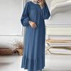 In-Stock Pleated Vintage Muslim Women's Robe with Puff Sleeves and Pocket Hem Ruffle Dress