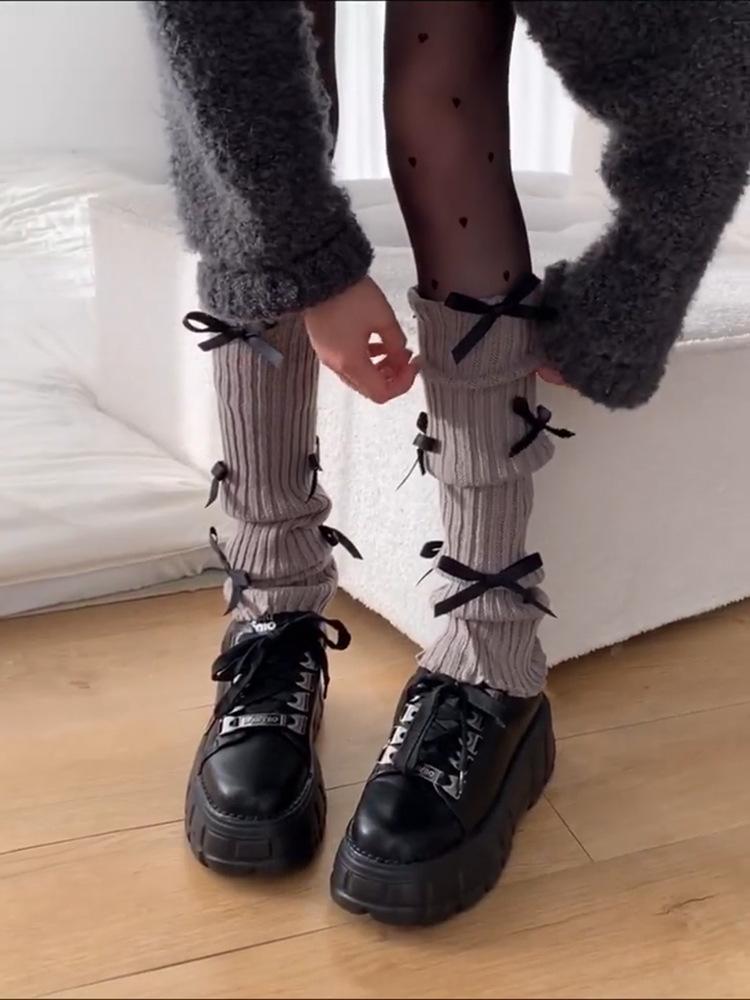 Autumn and Winter Knitted Leg Warmers Bowknot Thick Keep Warm New White Leg Warmers Woman