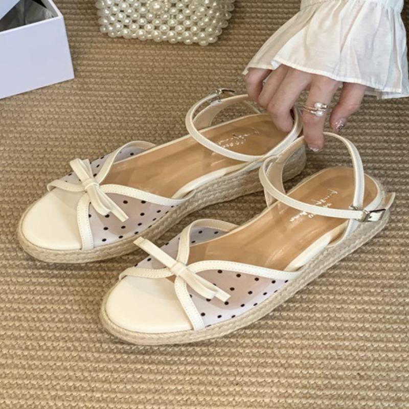 

Fashion Fashion Polka Dot Mesh Bow Wedges Sandals Women Sexy Open Toe Ankle Buckle Slide Sandals Elegant Comfortable Brand Designer Shoe 35 бежевый