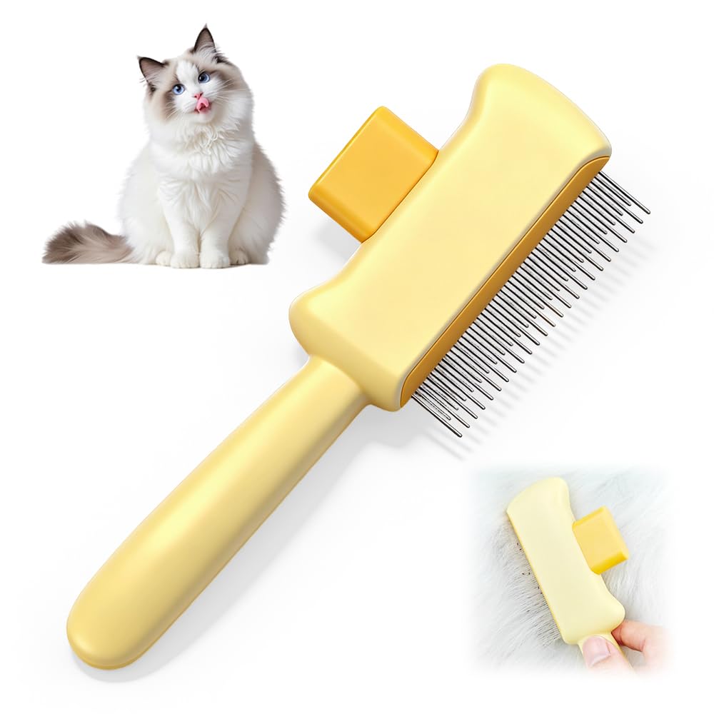 Self-cleaning pet hair brush for cats, cat grooming brush, with long and short stainless steel teeth, household pet grooming brush
