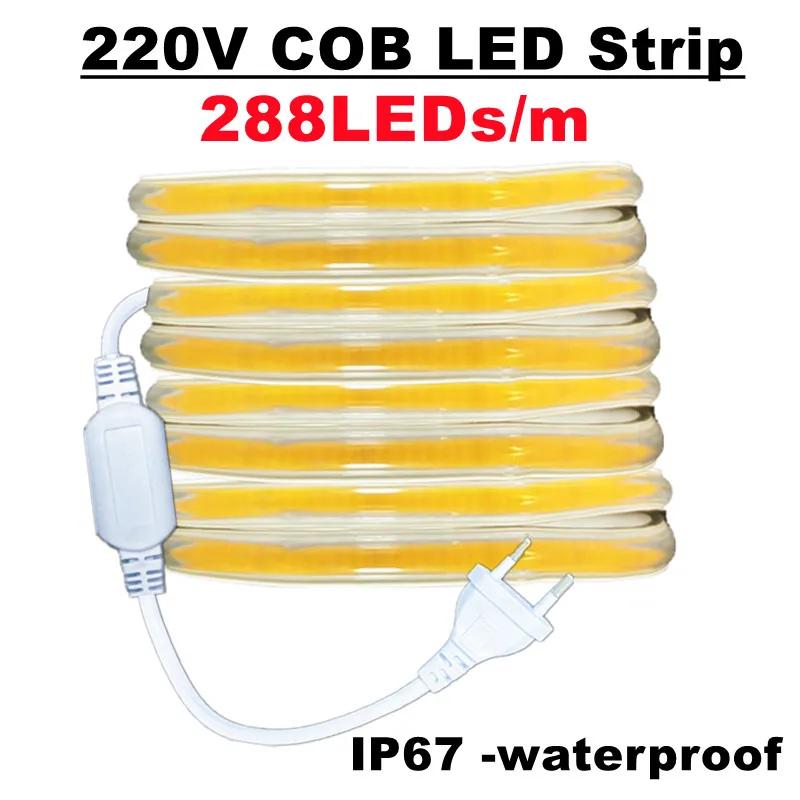 

Светодиодная лента COB, 220 В, вилка европейского стандарта, IP67, фиксация пряжки, светодиодная лента, гибкая линейная световая полоса COB, 3000K, 4000K, 6000K, 1-21 м 3000K-Warm white&0.5m&with 220V EU plug
