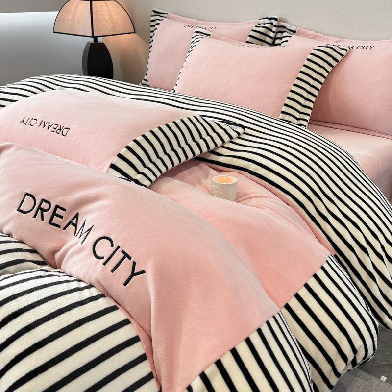 Luxurious Embroidered Milk Velvet 4-Piece Bedding Set - Winter Double-Sided Flannel with Thick Duvet and Coral Fleece Sheets