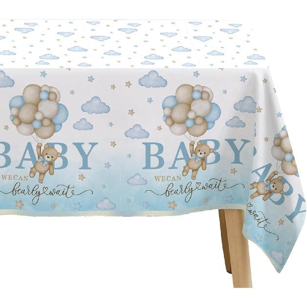 3 Pack Bear Baby Shower Decorations Tablecloth for Boy - Blue Bear We Can Bearly Wait Baby Shower Decorations Party Supplies Table Cover,54in x 108in
