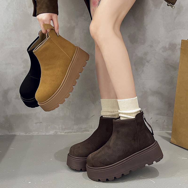 Women's Slope Heel Cotton Boots Winter New Round Head Suede Back Zipper Thick Sole Non-slip Short Snow Boots