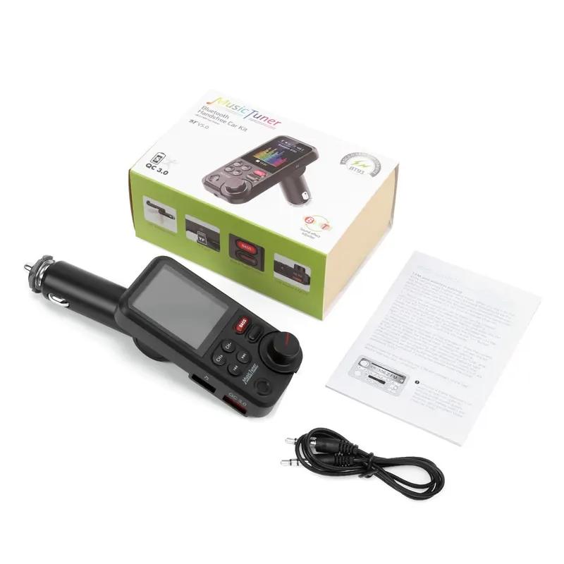LANGJING 1.8 Inch Wireless Car Bluetooth FM Transmitter Aux Supports QC3.0 Charging Treble and Bass Sound Music Player