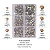 Mixed Color AB Rhinestones: Round, Flat Bottom, Silver & White in 6-Grid Box for DIY Nail Art.