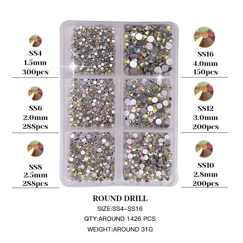 Mixed Color AB Rhinestones: Round, Flat Bottom, Silver & White in 6-Grid Box for DIY Nail Art.