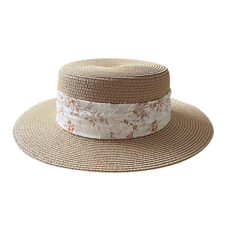 Korean Chic Floral Satin Straw Hat Women's Summer Seaside Beach Travel Sun Protection Sun Hat French Flat-brimmed Top Hat
