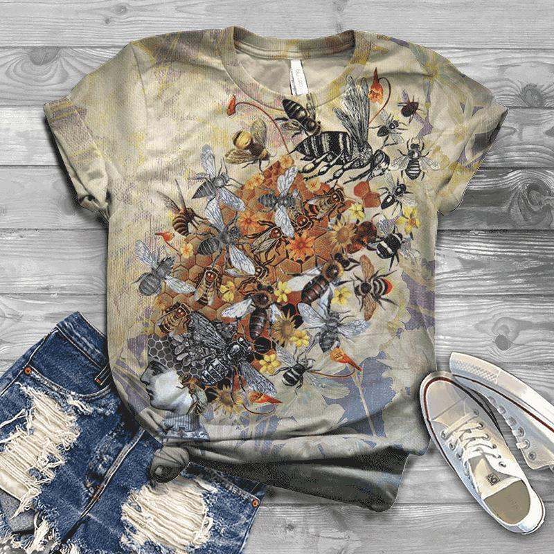 Women's Short Sleeved Summer New 3D Bee Print Loose T-shirt