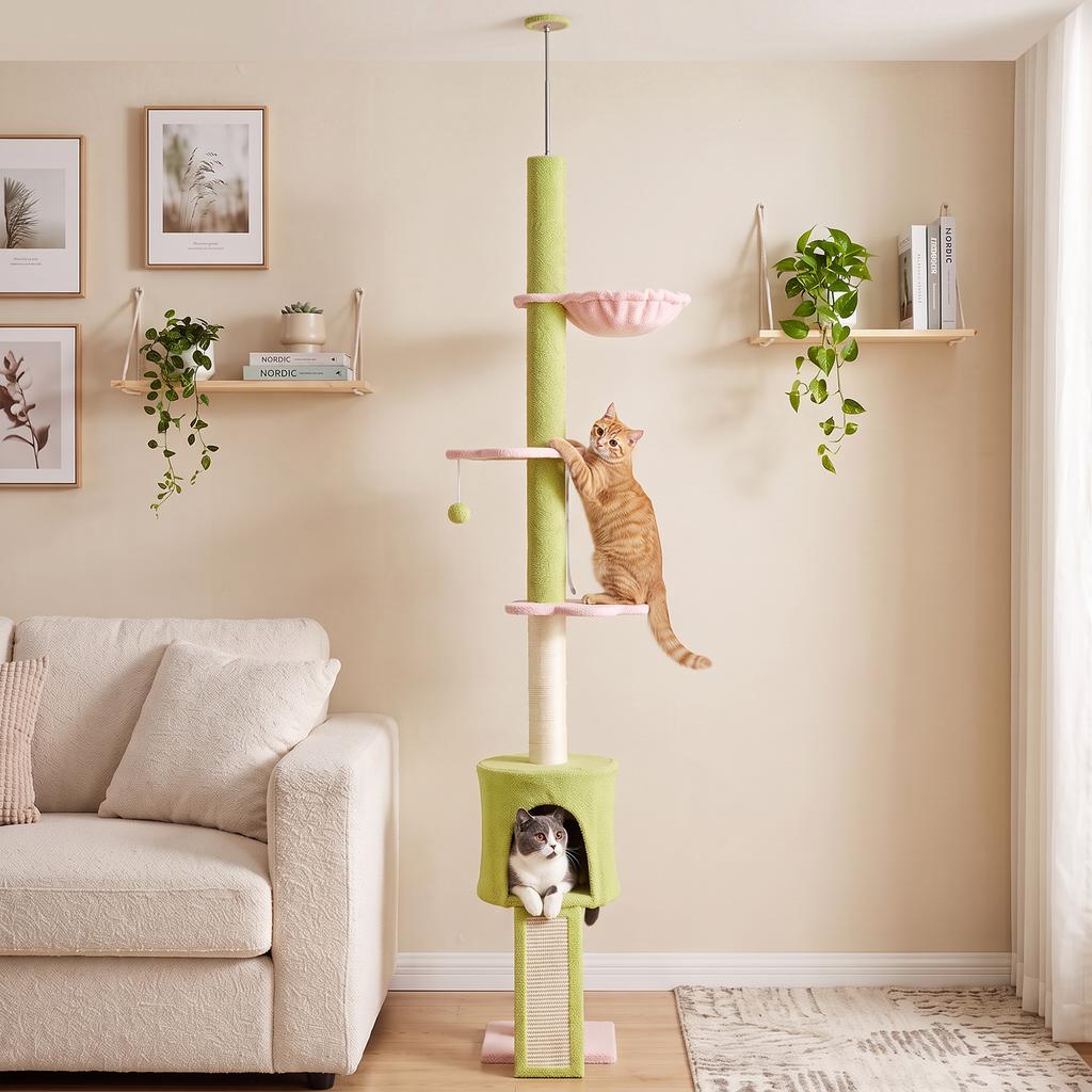 Floor-to-Ceiling Cat Tree, 5 Levels 220-240 Cm, Flower Platforms, Den, Hammock, Green