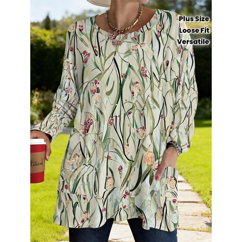 Women s Plus Size Vintage Printed Loose Top with Pockets Women s Spring Casual Long Sleeve Shirt S