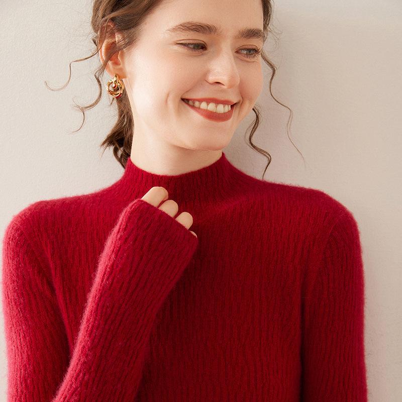 Women's Soft Cashmere Lychee-Pattern Knit Sweater - Half-High Collar, Slim-Fit, Perfect for Autumn and Winter Layers