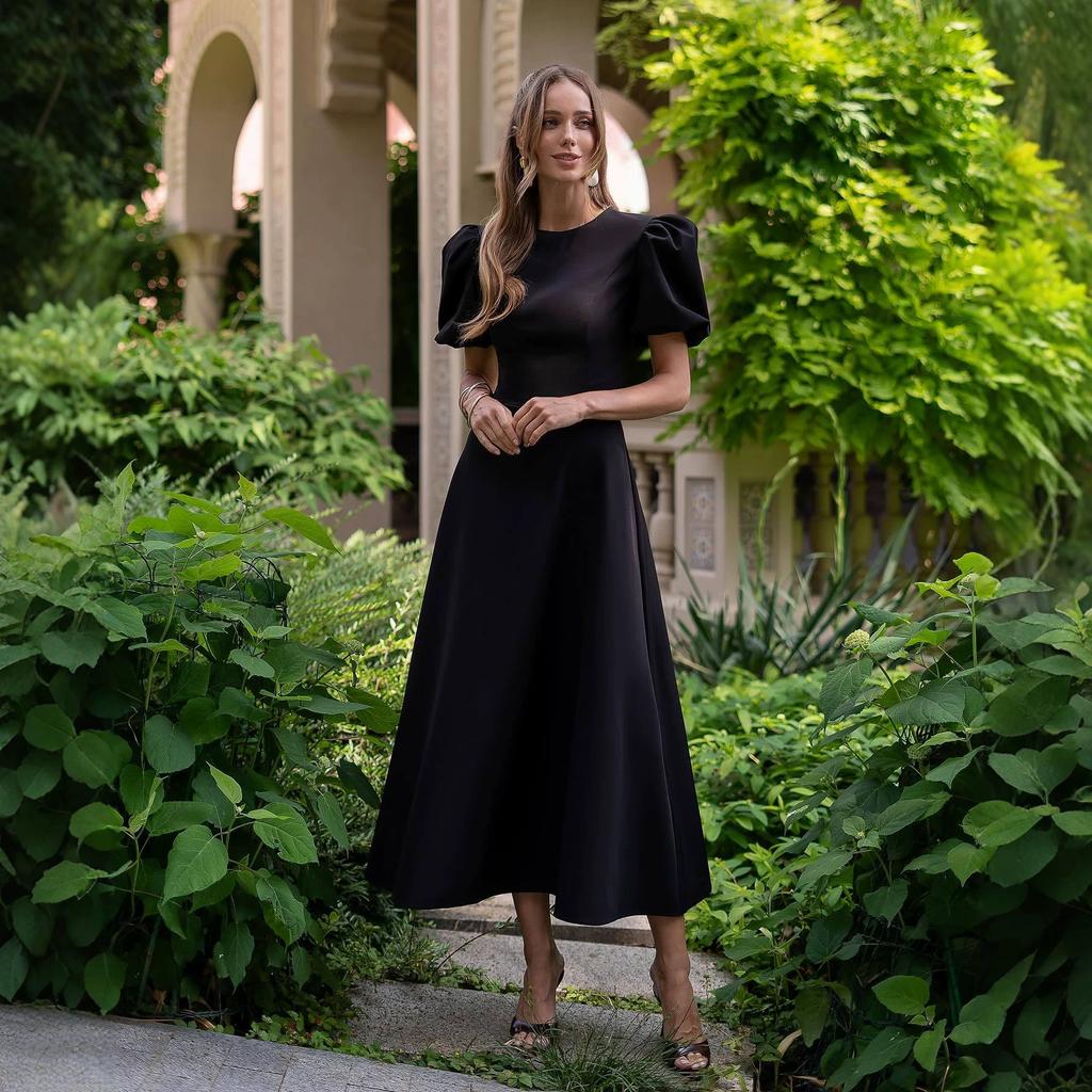 European beautiful women spring new round neck bubble short sleeve dress A word big swing dress