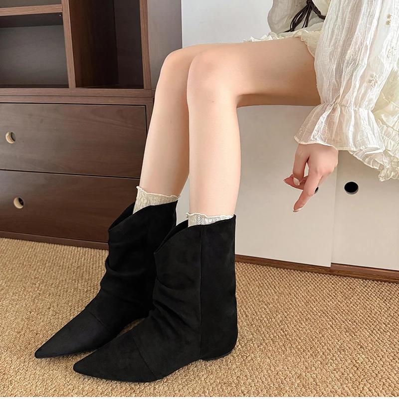Botines de Punta Aguda con Diseño Vintage para Mujer Moda Slip-On Botines Bajos Zapatos de Otoño Invierno para Mujer