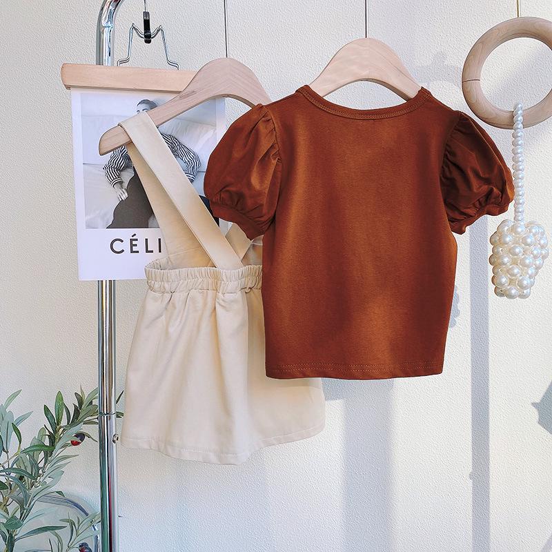 Girls  Puff Sleeve T-shirt & Suspender Skirt Set - Summer Wear Size 110