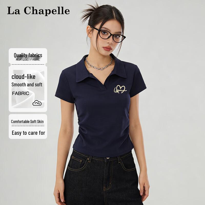 

La Chapelle Women s Slim Fit Pleated Polo Short Sleeve T-Shirt with Heart Detail M