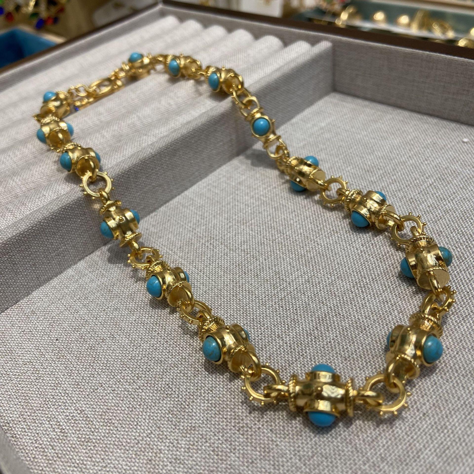 

Medieval Vintage Turquoise Buckle Splicing Necklace French Court Premium Sweater Chain Neck Chain