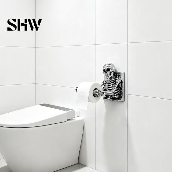 Dark Aesthetic Bathroom Fixtures Skeleton Toilet Paper Holder, Wall Mount Skull Tissue Gothic Spooky Restroom Art Roll Organizer Stand, Halloween