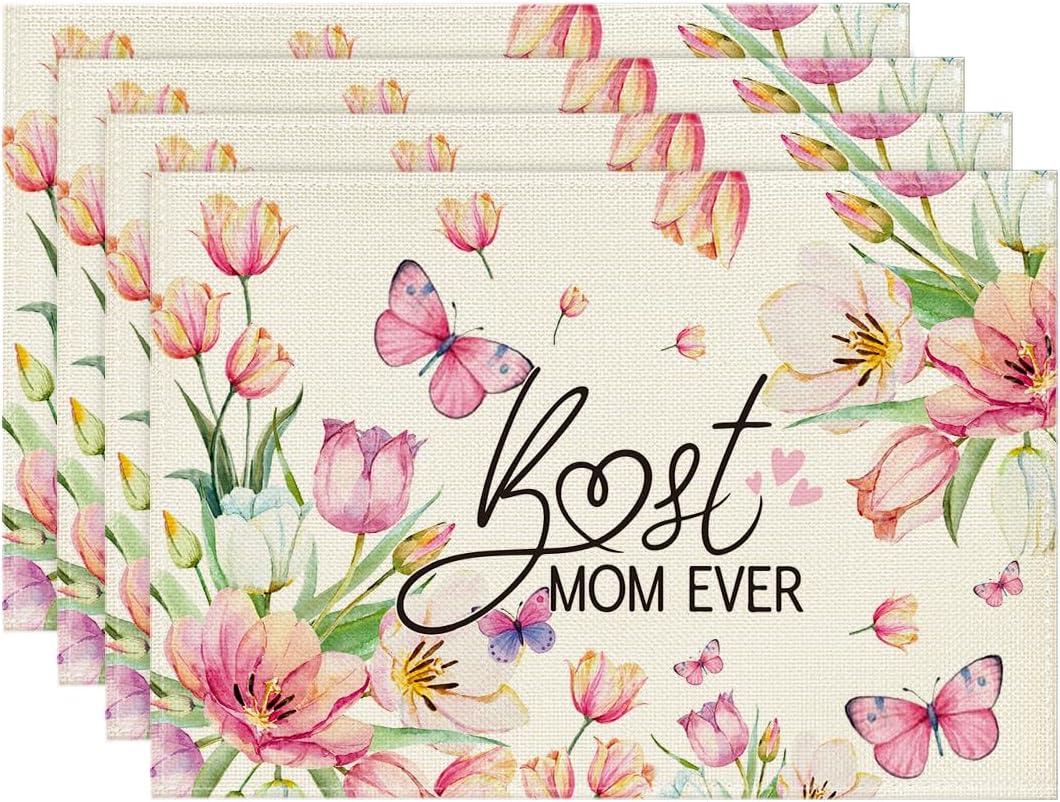 

Tulip Mother s Day Placemats Set of 4, 12x18 Inch Best Mom Ever Spring Holiday Table Mats for Party Kitchen Dining Decoration 4pcs-12x18