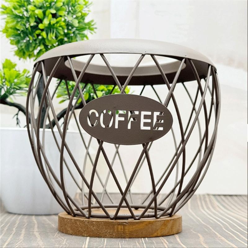 Artistic Iron Fruit Basket Inspired Coffee Pods Rack Open Structure Kitchen Office Storage Durable Metal Wood Materials