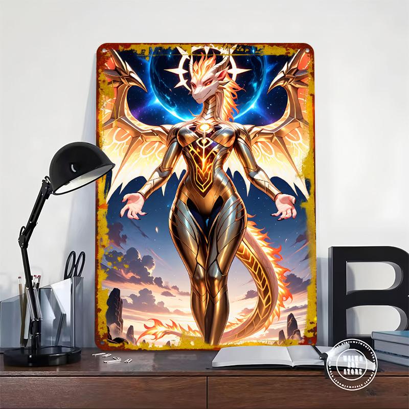 Golden Dragon Warrior With Wings Tin Plaque Poster Customized Wall Art Retro Vintage Metal Signs for Man Cave Home Decorations