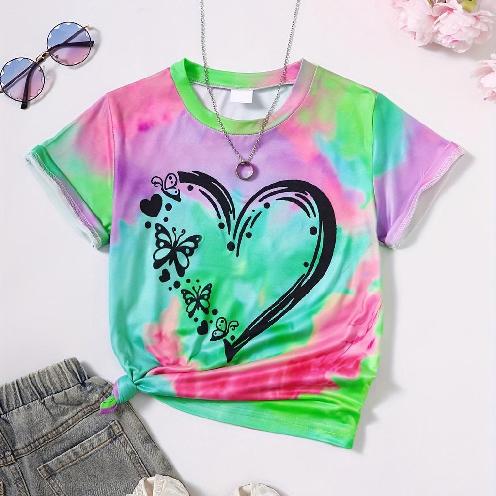 Girl Clothes Child T-Shirt Short Sleeve Heart Print Tie Dye Girl T-Shirt Top Casual Tees Kids Summer Clothes Children's Clothing