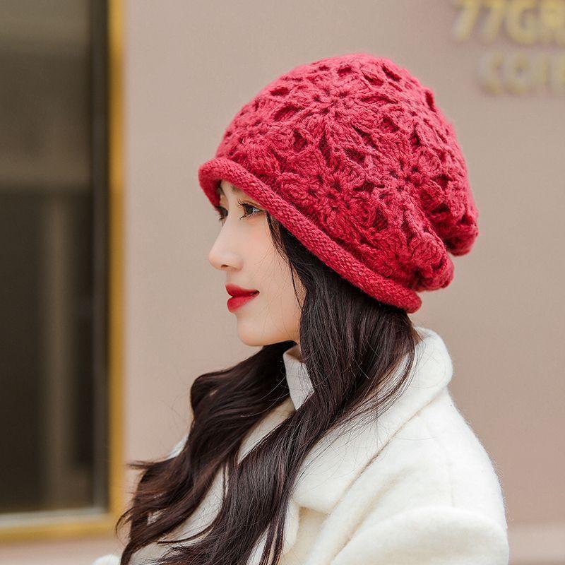 

Шапка ручной работы крючком женская осенне-зимняя универсальная теплая мягкая цветочная шапка-пуловер двухслойная вязаная шерстяная шапка головной убор M красный