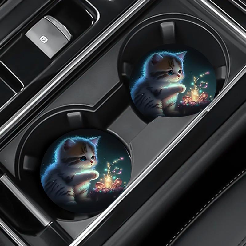 2PCS Car Personalized Creative Anti Slip Water Cup Mat Car Cartoon Printed Cat Hand Cup Mat Circular Anti Slip Mat Universal