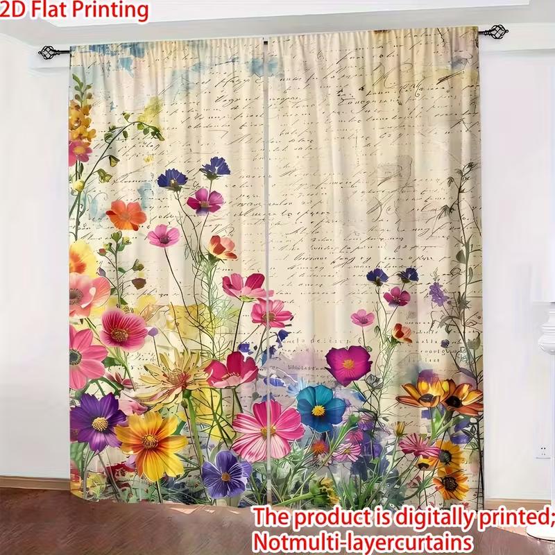 2PC Vintage Letter Floral Sheer Curtains - Nostalgic Watercolor Print Window Drapes for Living Room Bedroom Decor