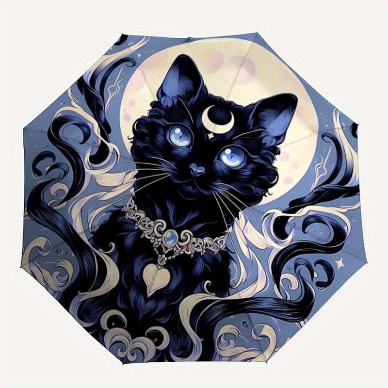 1pc Moonlight Black Cat Fully Automatic Folding Portable Umbrella, 8 Iron Frames, Three-Fold Design, Suitable for All Seasons, Suitable for