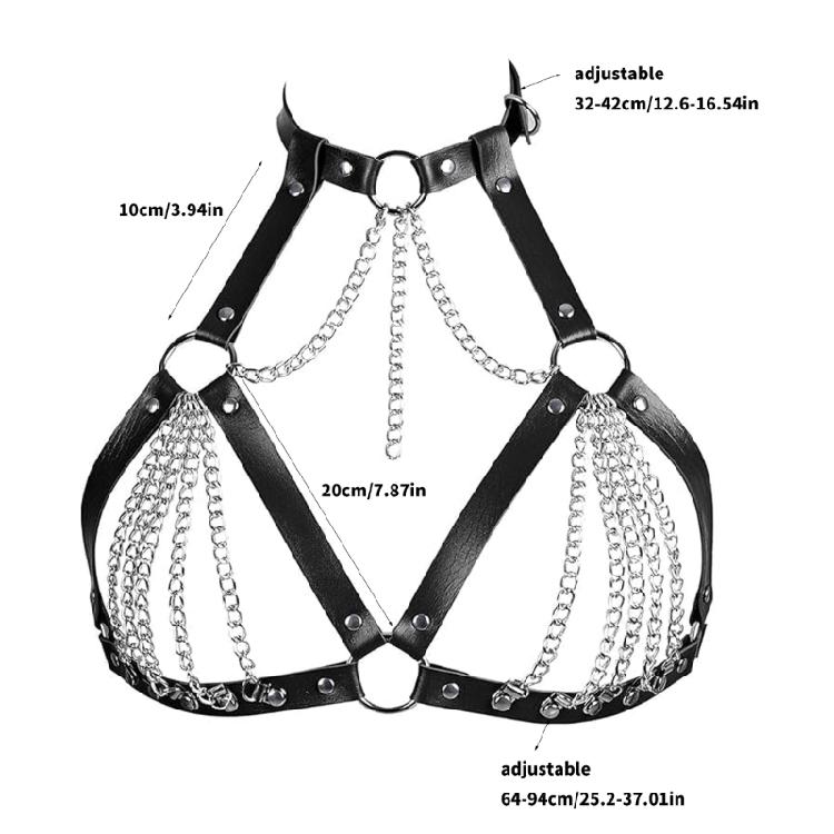 PU Leather Chest Harness with Eye Catching Chain Gothic Body Bra Harness for Parties and Unique Fashion Statements