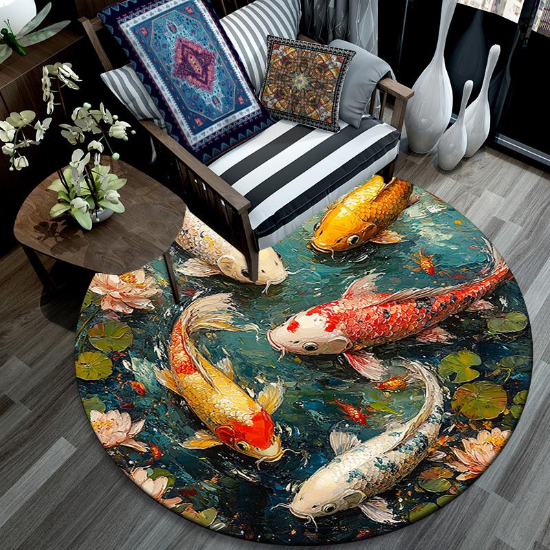 Koi Fish Round Area Rug,Carpet Rug for Living Room Bedroom Sofa Playroom Decor,Non-slip Floor Mat