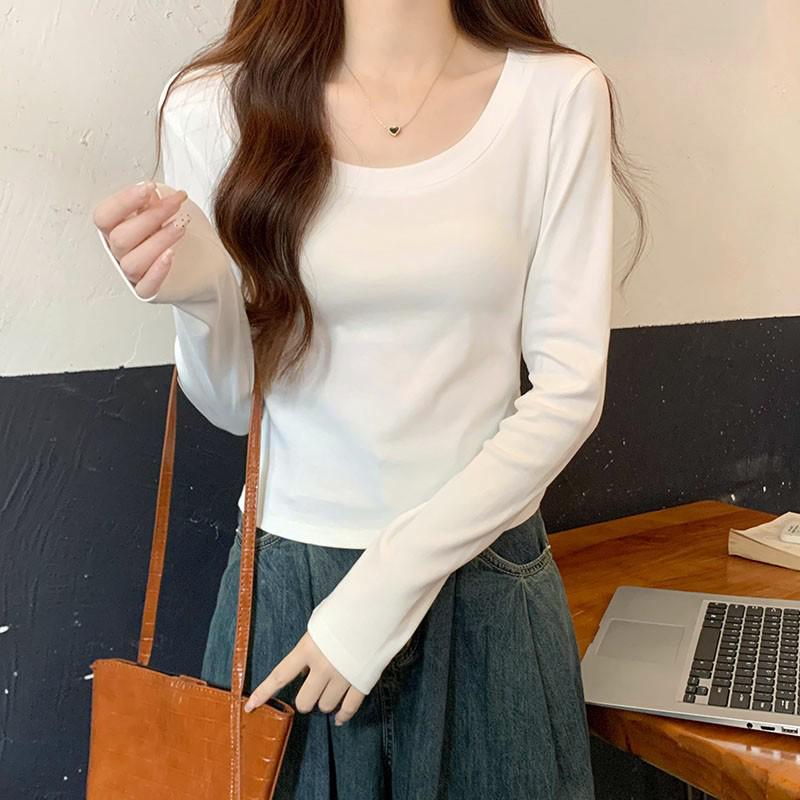 Women's Solid Color Raglan U-Neck Long Sleeve Slim Fit Base Layer Top for Spring and Autumn