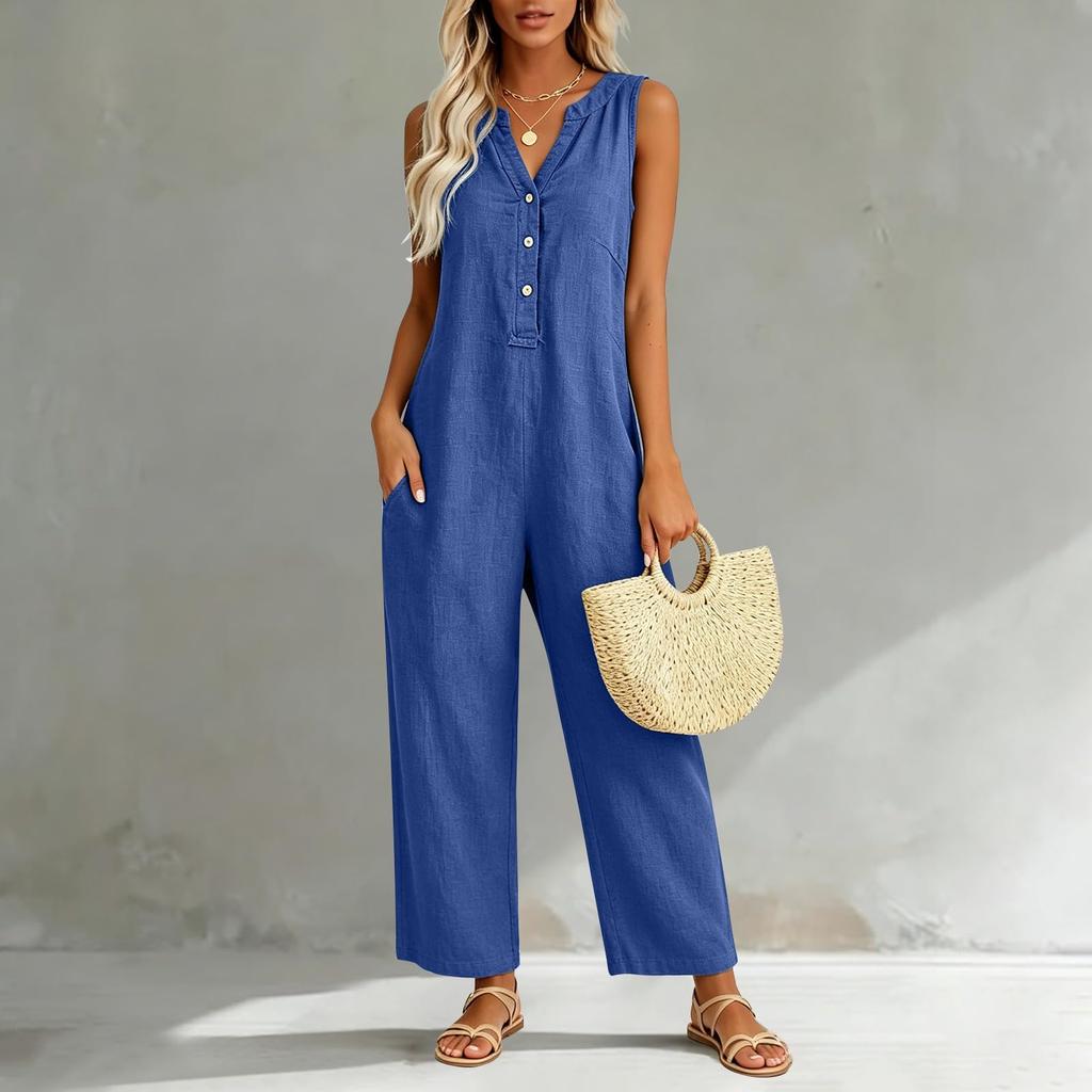 Damen Freizeit Ärmelloser V-Ausschnitt Knopfleiste Strampler Weiter Baggy Latzhose Mit Tasche