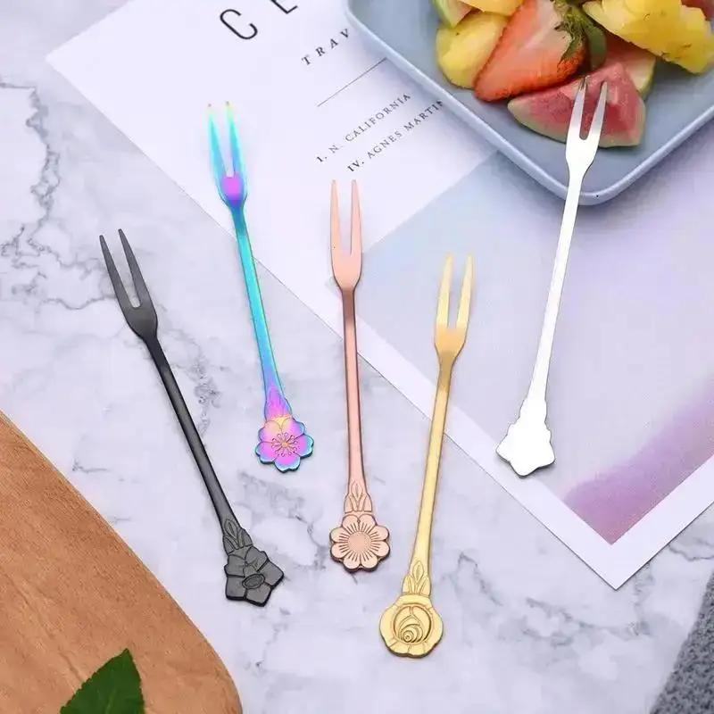 4 Pezzi Acciaio Inossidabile Cucchiaino da Caffè Cucchiaino da Tè Placcato Oro Forchetta da Zucchero Dessert Frutta Lucidatura a Specchio Manico con Fiori Stoviglie da Caffè