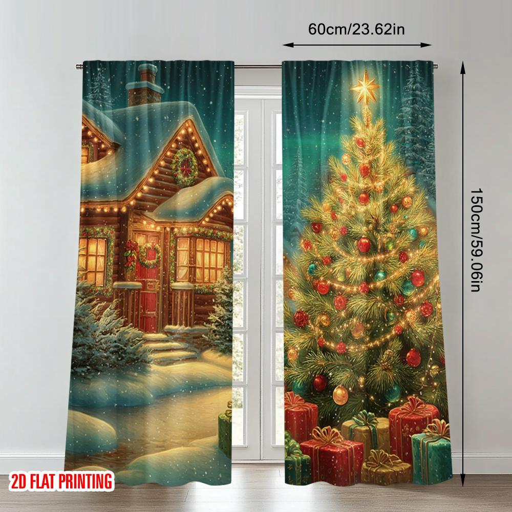 2pcs 2D flat printing Fashionable Christmas Curtains Cozy Christmas Snowing House Tree Gifts Digital Printed Polyester Drapes