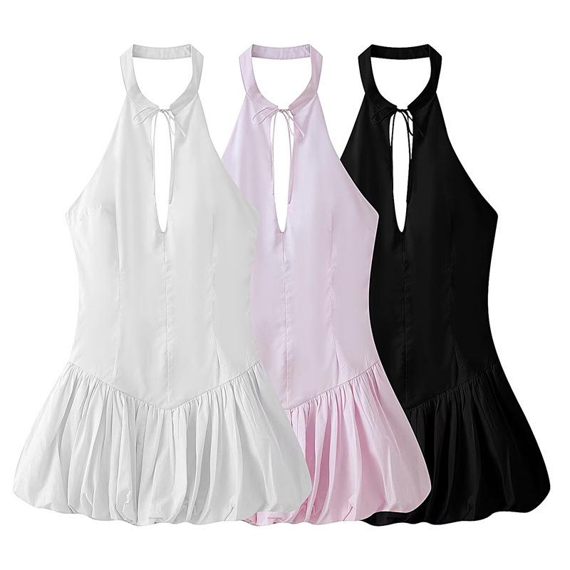 2026 Women's Poplin Halter Neck Balloon Silhouette Short Dress