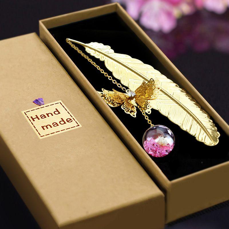 Vintage Metal Butterfly Feather Bookmark With Realistic 3d Pendant
