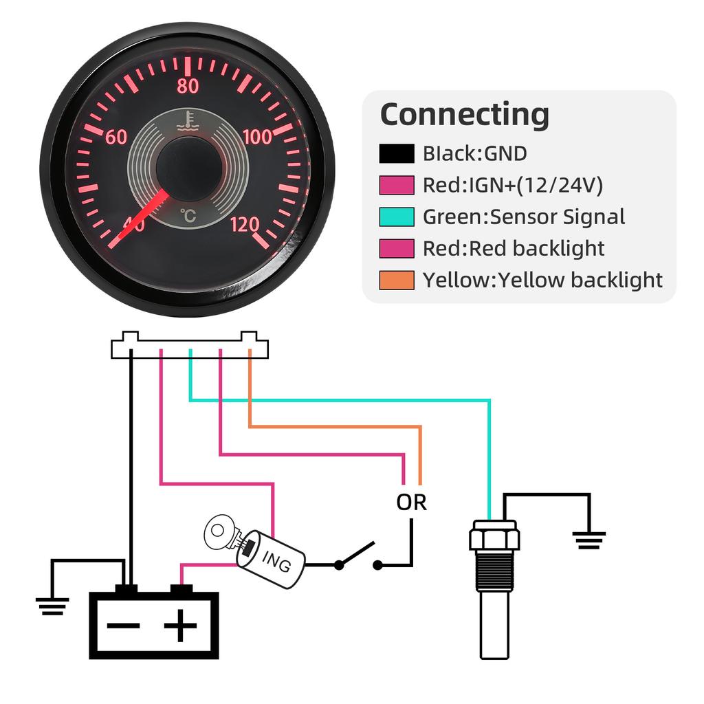 ZMFJH Pointer 52MM Water Temperature Gauge with Sensor 10mm RED Yellow LED 40-120℃ Water Temp Meter for Universal Boat Car Auto
