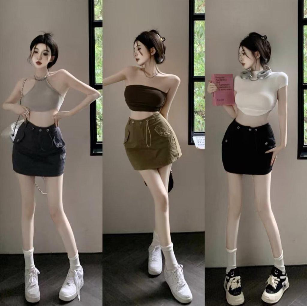 Women's High Waist Gray Workwear Mini Skirt with Drawstring Design