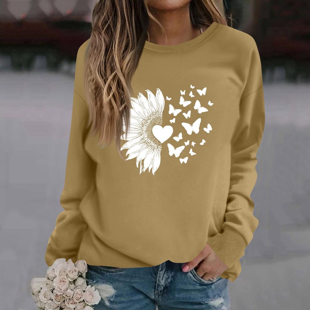 Damenmode Lässig Langarm Einfarbig Bedruckt Rundhals Oberteil Sweatshirt