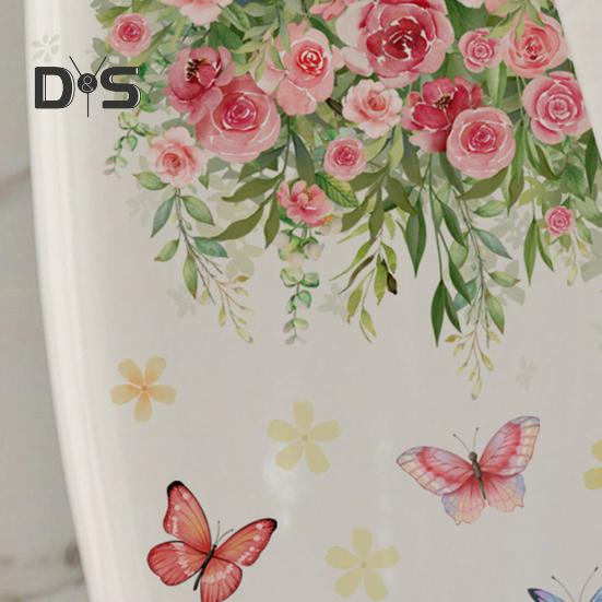 Colorful Flower Butterfly Toilet Sticker Removable Self-adhesive Waterproof PVC Living Room Bathroom Wall Art Floral Toilet Lid Decoration Decal
