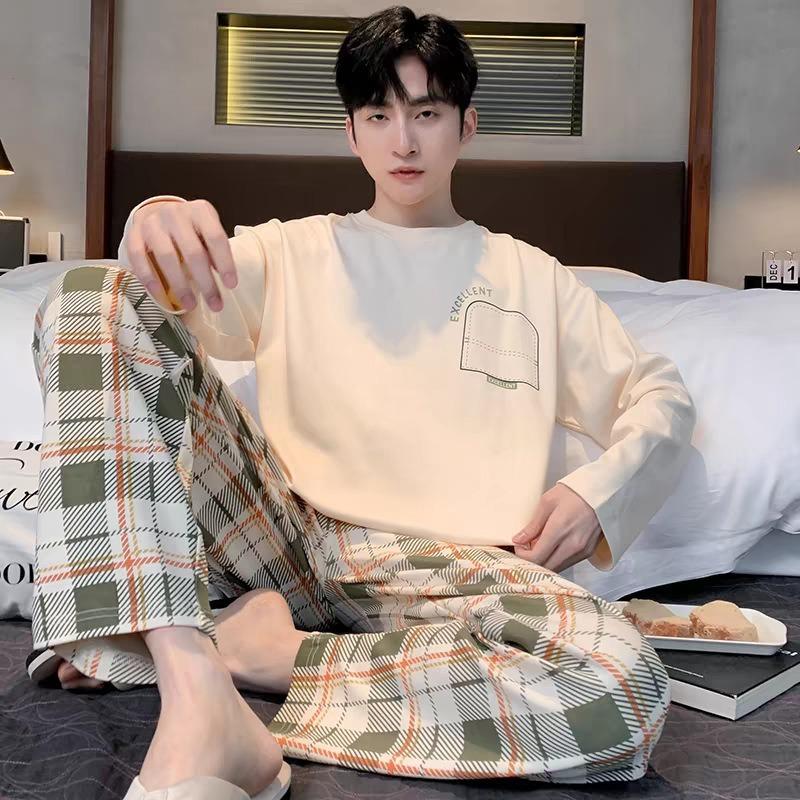 Plus Size Men Pajamas Set Spring and Summer Plaid Solid Color Student Sleepwear Homewear Tops and Pants Nightwear Loungewear
