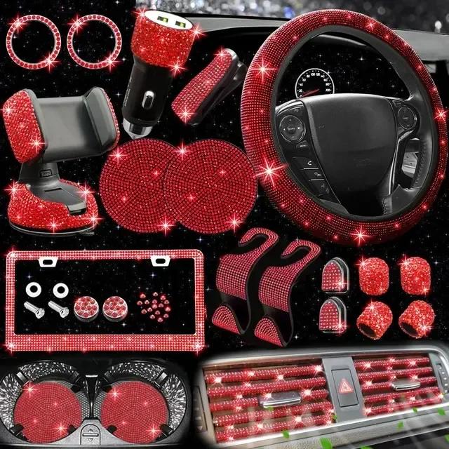 Car Accessories Set 27/4Piece Women Bling Universal Fit Polyester Steering Cover Shiny License Frame Phone Holder Coasters Tools