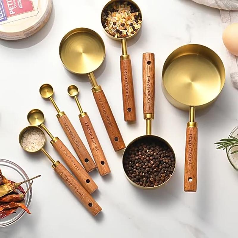 1PC Gold Wooden Handle Stainless Steel Measuring Cup Spoons Baking Tool Coffee Measuring Spoon Set Bartending Scale Accessories