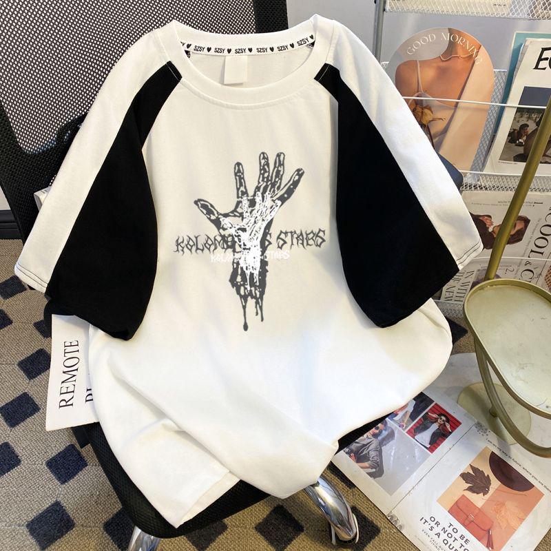 

2025 Женская контрастная цветная повседневная футболка из чистого хлопка с круглым вырезом и коротким рукавом XL